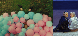 Zusehen ist eine Werbegraffik auf dem zwei Screenshots aus den Kurzfilmen sind. Auf dem Linken Screenshot sieht man Beine die aus einem Haufen Blau und Rosa farbigen Luftballons hervorschauen und auf dem Rechten bild Sieht man Zwei weibliche Personen die Sich zur kamera umdrehen und über Ihre Schultern schauen.