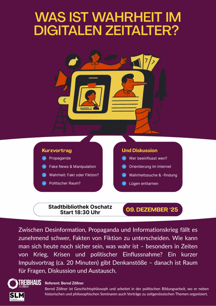 Dieses Bild fasst noch Mal den Text und die Informationen dieser Veranstaltung zusammen. Im oberen Teil ist eine collagierte Illustration zu sehen. Sie zeigt einen Bildschirm, in dem Postings und Artikel angedeutet sind und Personen (eine mit langer Pinocchio-Nase) sind angedeutet. Am Rend ist auch eine Rakete zu sehen, die auf Informationskrieg hinweisen soll.