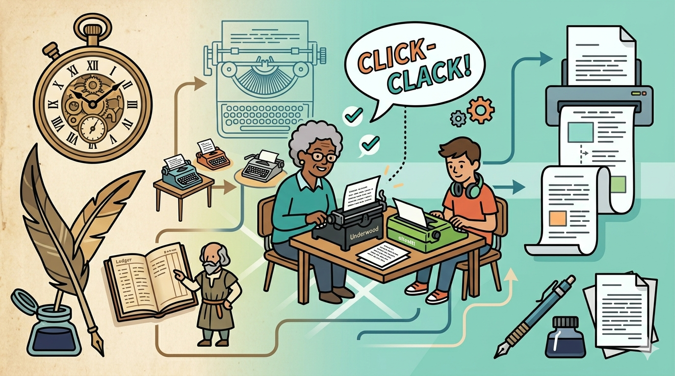 Auf dem Bild sind Symbole und Andeutungen zum Thema KI und Schreibmaschine zu sehen. Links eine Schreibfeder und eine DaVinci Figur, rechts schreibt eine Seniorin und ein Teenager an Schreibmaschinen Texte. Ganz am Rand deutet sich eine moderne Maschine an, die den Text scant.