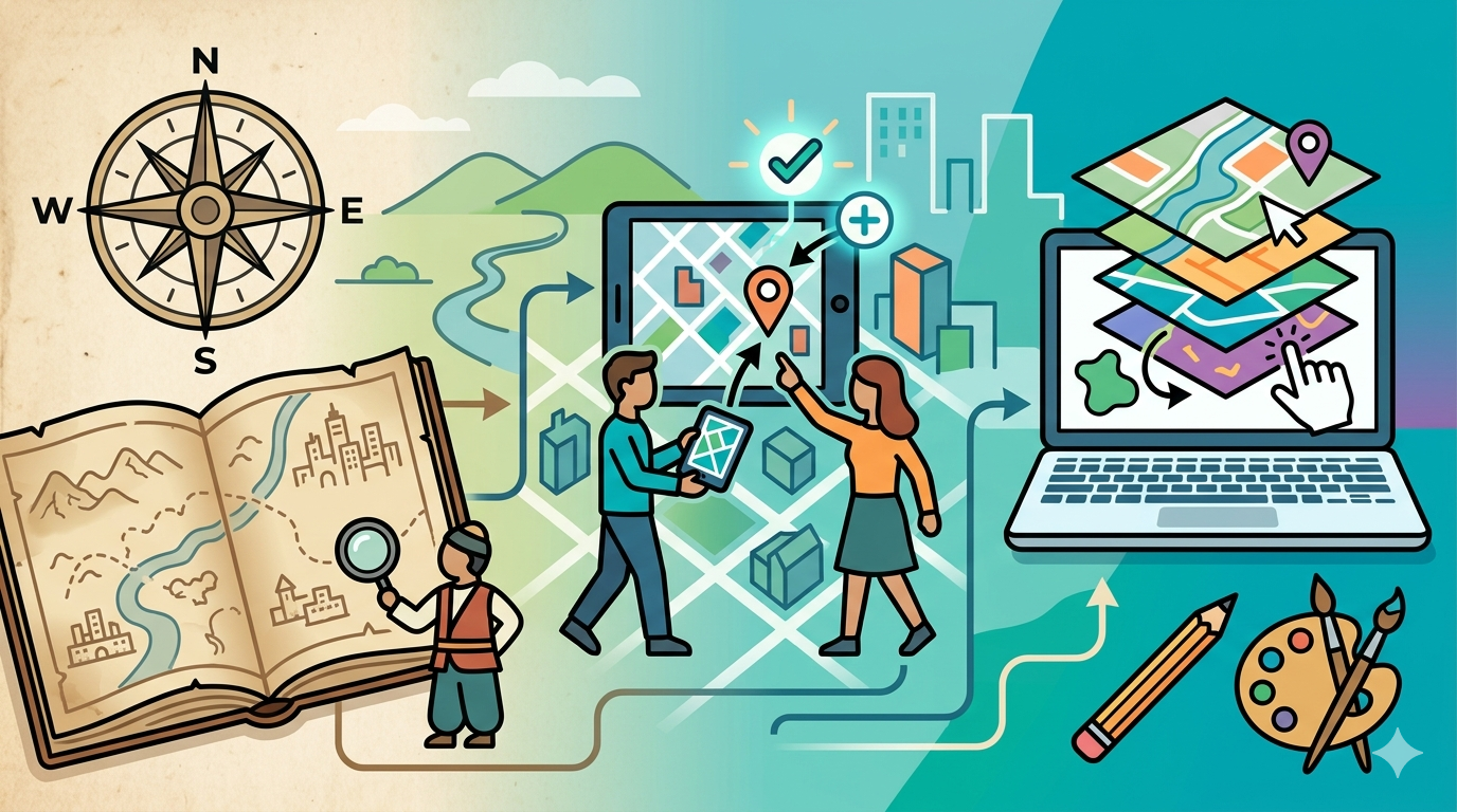 Das Bild zeigt drei grafische Symbole, die den Kartenworkshop beschreiben sollen. Links ist ein Alter Atlant mit Himmelsrichtungsrose, wie auf alten Karten. In der Mitte arbeiten zwei Figuren an einem Smartboard und einer Karte. Rechts ist ein Laptop auf dem scheinbar gerade eine Karte kreativ bearbeitet wird.