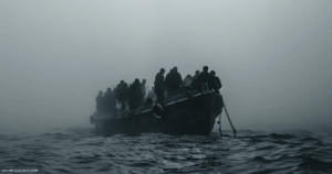 das Bild eines nebeligen Meeres mit einem Ruderboot voller Menschen