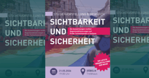 Infoflyer für eine Studienvorstellung und einem Gespräch mit dem Thema Sichtbarkeit und Sicherheit- Auswirkungen rechter Gegendemos auf Pride- Teilnehmer in Sachsen. Findet am 21.05.2026 um 19:00 Uhr im Treibhaus Döbeln statt. Im Hintergrund des Flyers sieht man eine Groß aufgespannte Pride-Flagge.