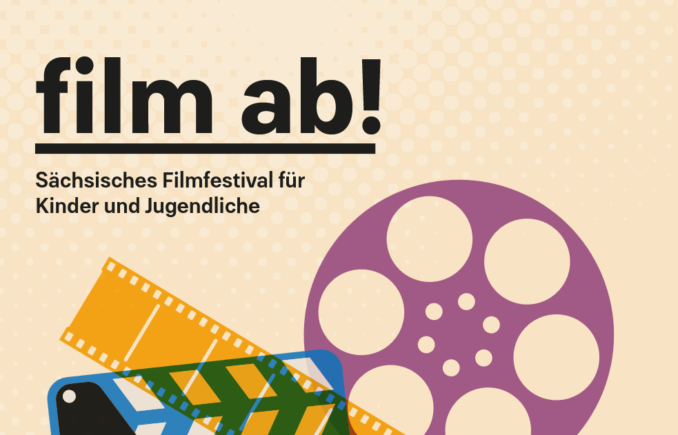 Eine Grafik mit Filmrolle und Filmband und der Überschrift film ab!