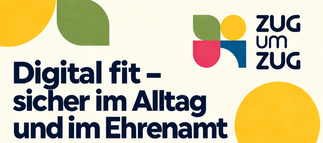 Symbolgrafik mit der Schrift: "Zug um Zug. Digital fit - sicher im Alltag und im Ehrenamt".